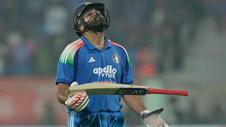 India's Rohit Sharma reacts while leaves the field after losing his wicket during the third One Day International cricket match between India and South Africa in Visakhapatnam, India, Saturday, Dec. 6, 2025. - | Phoot: AP/Mahesh Kumar A.