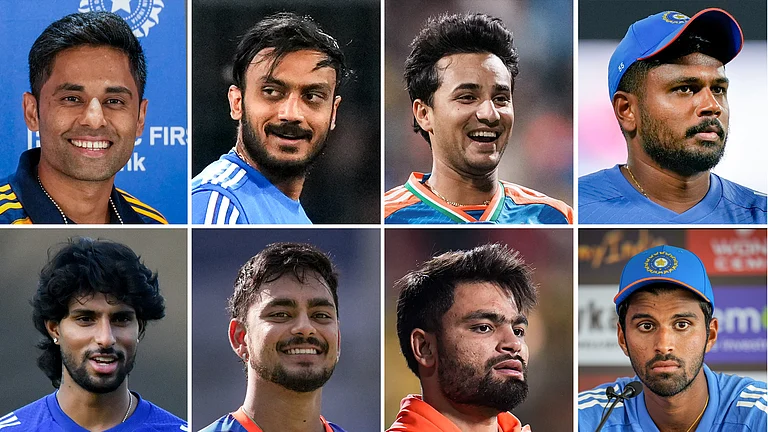 Members of India's squad for the ICC T20 World Cup 2026, including captain Suryakumar Yadav (top left) and vice-captain Axar Patel (second from top left). - PTI