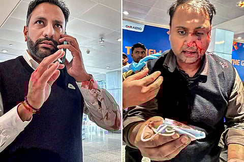 In this combo of images posted on Dec. 19, 2025, passenger Ankit Dewan, right, bleeds after he was allegedly assaulted by off-duty Air India Express pilot Virender Sejwal, left, at Terminal 1 of Delhi airport.