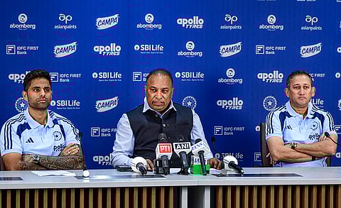 BCCI Secretary Devajit Saikia, centre, selection committee Chairman Ajit Agarkar, right, and Indian men's T20 cricket team captain Suryakumar Yadav during a press conference to announce the Indian squad for the ICC Men's T20 World Cup 2026, at the BCCI headquarters, in Mumbai.