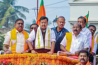 BJP To Name New Party President on Jan 20, Nitin Nabin To Take Top Seat | Photo: PTI : BJP National Working President Nitin Nabin, second left, with Puducherry Home Minister Arumugam Namassivayam, left, and state BJP president VP Ramalingam, right, during a roadshow, in Puducherry. State BJP in-charge Nirmal Kumar Surana, back right, is also seen.