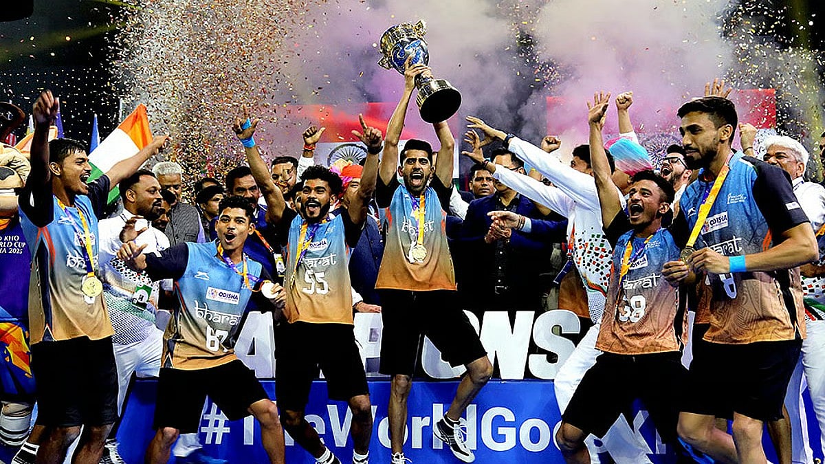 The Indian men's team celebrates with the trophy after winning the inaugural Kho Kho World Cup in New Delhi. - File/PTI