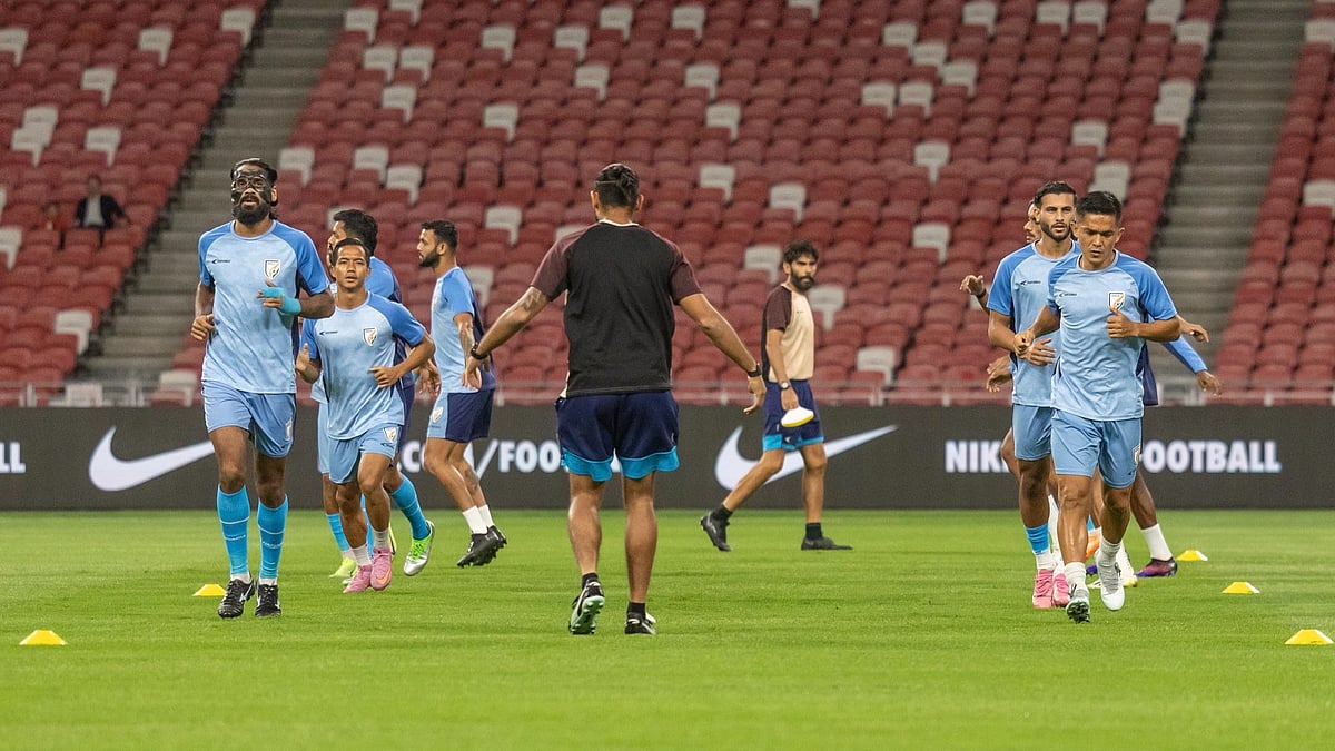 The India men's football team preparing ahead of their AFC Asian Cup qualifier match against Singapore on October 14, 2025. - | Photo: X/IndianFootball