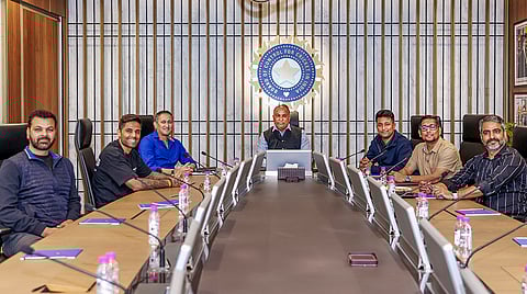 BCCI Secretary Devajit Saikia, selection committee Chairman Ajit Agarkar, Indian men's T20 cricket team captain Suryakumar Yadav and others during a meeting for selection of the Indian squad for the ICC Men's T20 World Cup 2026, at the BCCI headquarters, in Mumbai. 