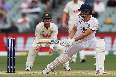 England's Will Jacks bats during play on the final day of the third Ashes cricket test between England and Australia in Adelaide, Australia.