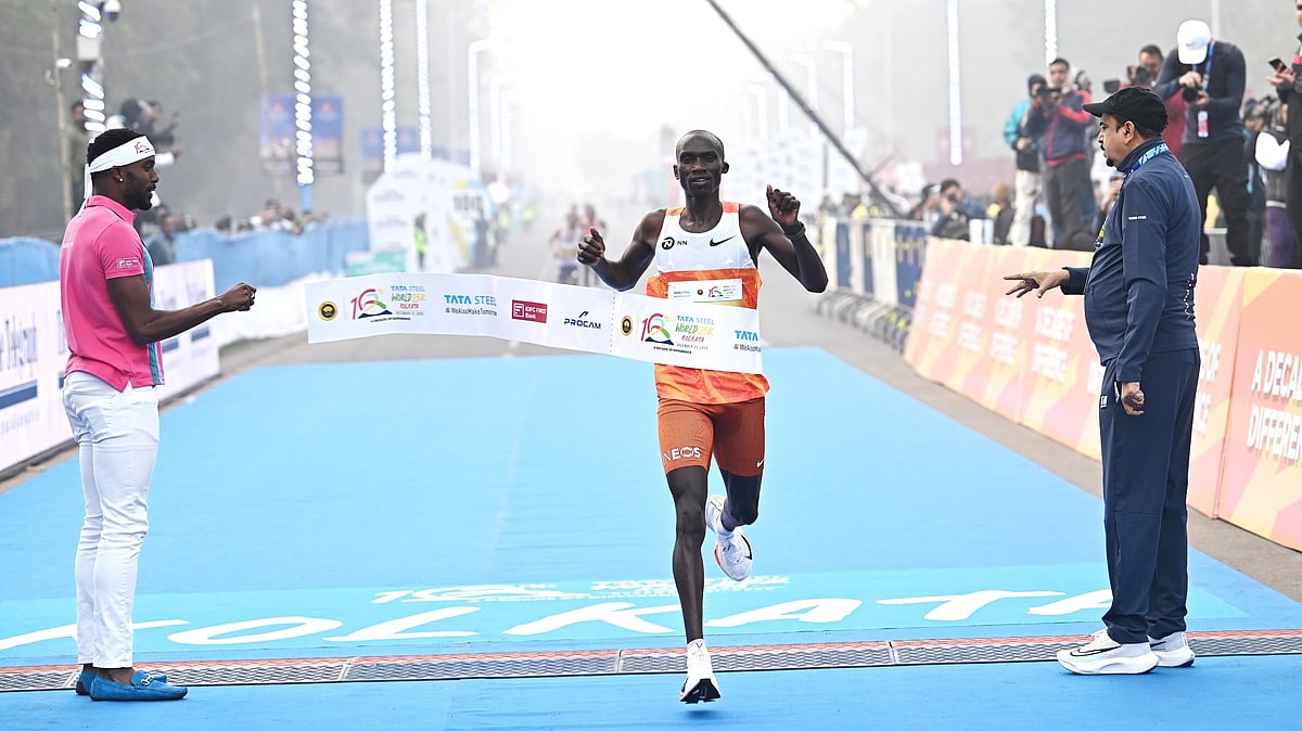 Uganda’s Joshua Cheptegei at the finish line to win the men’s title at World 25K Kolkata 2025. - Special Arrangement