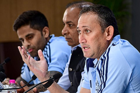 BCCI Secretary Devajit Saikia, centre, selection committee Chairman Ajit Agarkar, right, and Indian men's T20 cricket team captain Suryakumar Yadav during a press conference to announce the Indian squad for the ICC Men's T20 World Cup 2026, at the BCCI headquarters, in Mumbai.