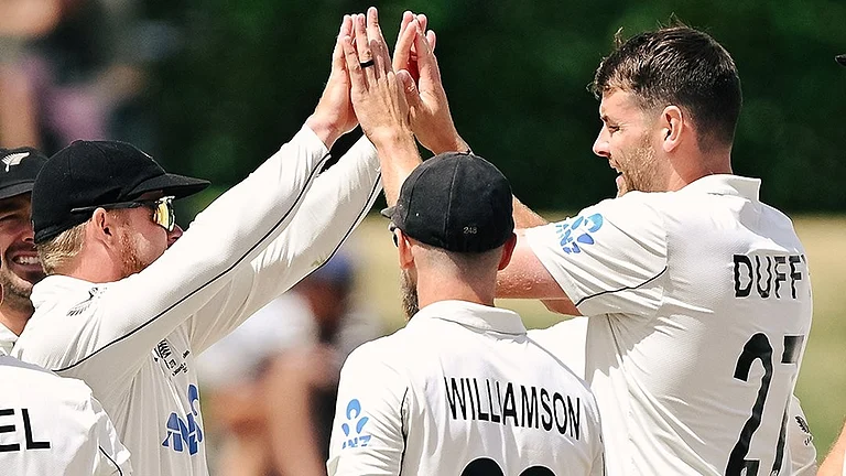 New Zealand's Jacob Duffy celebrates a wicket with his teammates during Day 4 of the third Test match against West Indies on December 21, 2025. - | Photo: X/BLACKCAPS