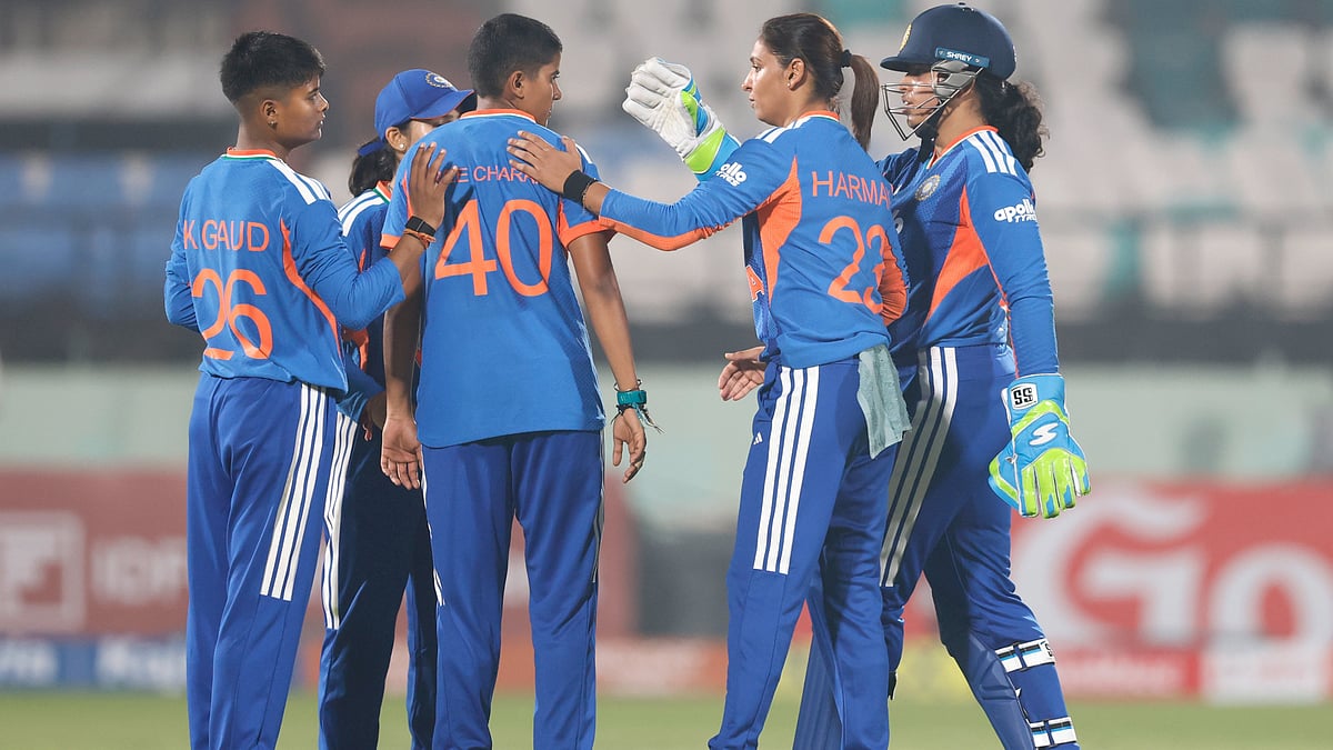 India Women's Kranti Goud celebrates with teammates after a run-out during the first T20I match against Sri Lanka Women on December 21, 2025. - | Photo: X/BCCIWomen