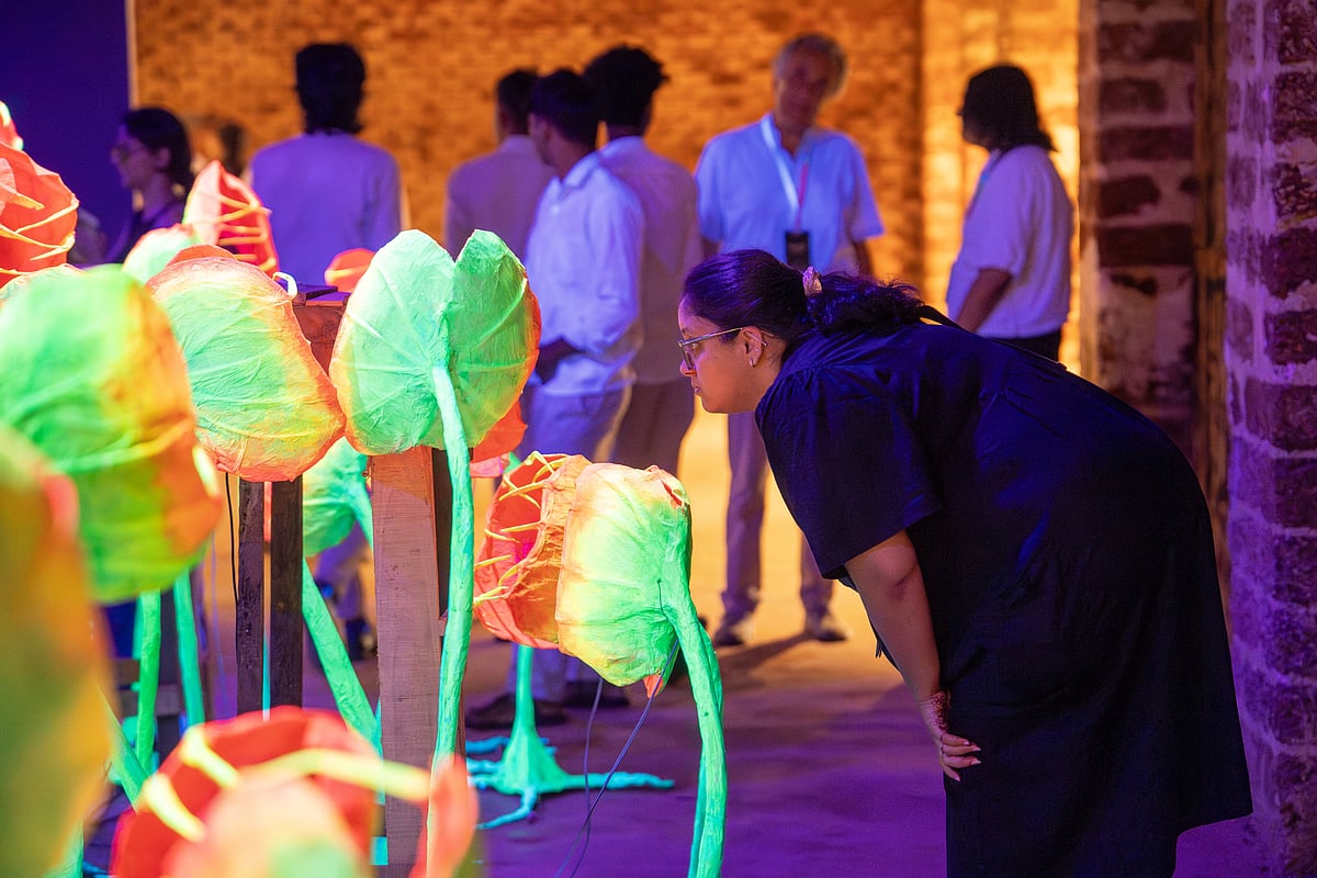 Visitors at Dhiraj Rabha’ work, The Quiet Weight of Shadows (2025) - Courtesy of the Kochi Biennale Foundation.