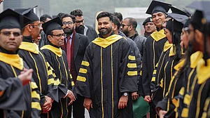 | Photo: PTI/Yogendra Kumar : Indian cricketer Rohit Sharma, center, during the Masters' Union convocation ceremony as the chief guest, in Gurugram, Sunday, Dec. 21, 2025.