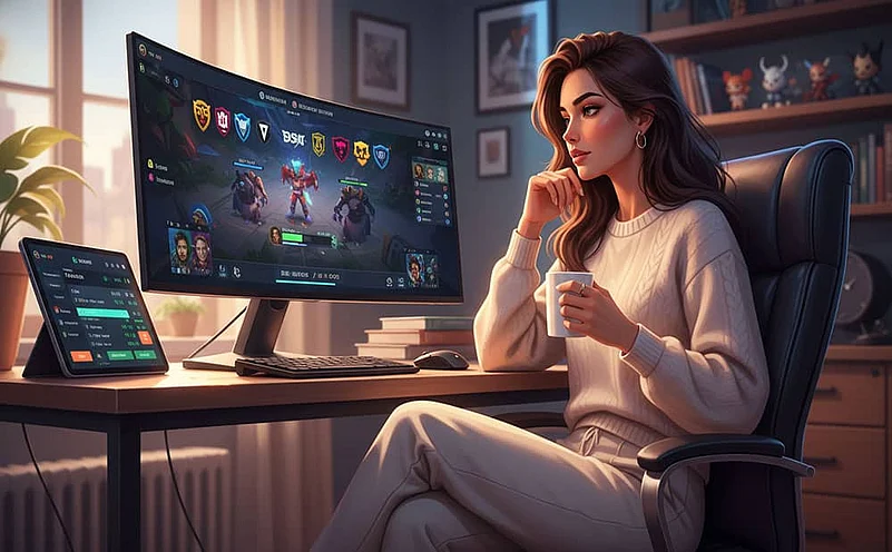Woman sitting at a desk, watching a gaming dashboard on a monitor.