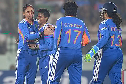 India's captain Harmanpreet Kaur with Deepti Sharma and others during the first Women's T20I cricket match between India and Sri Lanka, in Visakhapatnam, Andhra Pradesh.