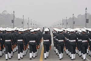 | Photo: PTI/Atul Yadav : Indian Navy officials during a rehearsal ahead of Republic Day, at Kartavya Path in New Delhi.