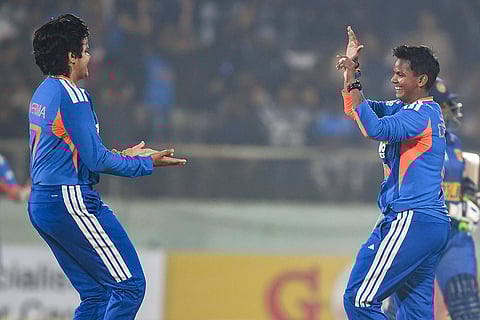 India's Shafali Verma, left and Deepti Sharma during the first Women's T20I cricket match between India and Sri Lanka, in Visakhapatnam, Andhra Pradesh.