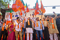 -PTI : Mumbai: BJP Maharashtra President Ravindra Chavan, third right, and party leaders celebrate victory in the Maharashtra local body elections, at the BJP head office, in Mumbai, Sunday, Dec. 21, 2025.