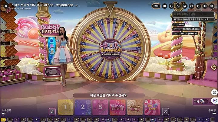A female host presents the Sweet Bonanza Candyland online casino spinning wheel game