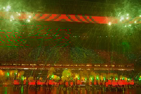Performers take part in the opening ceremony of the Africa Cup of Nations and the opening group A soccer match between Morocco and Comoros in Rabat, Morocco.