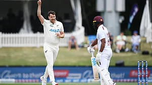 | Photo: Photosport/Chris Symes via AP : New Zealand's Jacob Duffy, left, celebrates after taking the wicket of the West Indies' John Campbell, right, on Day 4 of their cricket test match in Christchurch, New Zealand, Friday, Dec. 5, 2025.