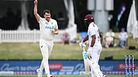 New Zealand Vs West Indies 3rd Test: Jacob Duffy Breaks Hadlee Record As Black Caps Seal Series Win | Photo: Photosport/Chris Symes via AP : New Zealand's Jacob Duffy, left, celebrates after taking the wicket of the West Indies' John Campbell, right, on Day 4 of their cricket test match in Christchurch, New Zealand, Friday, Dec. 5, 2025.