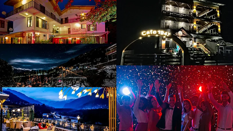 Collage of Manali scenes: lit buildings, mountain views, and a celebratory party