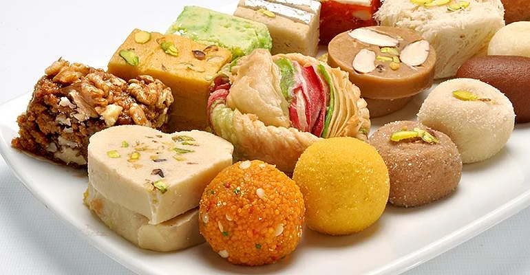 Colorful Indian sweets on a plate