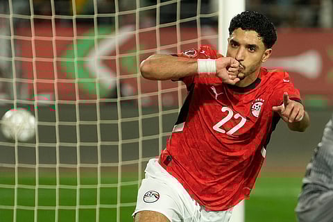 Egypt's Omar Marmoush celebrates after scoring during the Africa Cup of Nations group B soccer match between Egypt and Zimbabwe in Agadir, Morocco.
