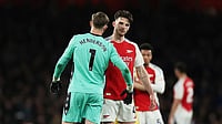 Arsenal Vs Crystal Palace Live Streaming, EFL Cup 2025/26 QF: When, Where To Watch? Check Head-To-Head | Photo: AP/Ian Walton : Declan Rice and Dean Henderson after Arsenal's clash against Crystal Palace in the EPL last year