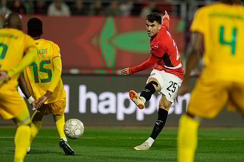 Egypt's Ahmed Zizo shoots during the Africa Cup of Nations group B soccer match between Egypt and Zimbabwe in Agadir, Morocco.