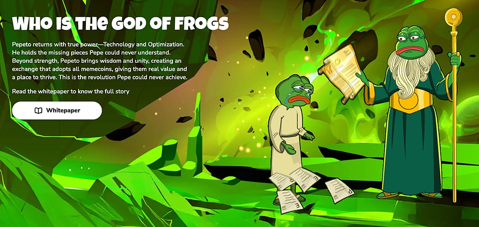 Cartoon frog characters in a green fantasy scene with text about the ‘God of Frogs.
