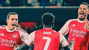 Instagram/arsenalfc : Calafiori, Saliba and Saka celebrate after Arsenal's win over Crystal Palace
