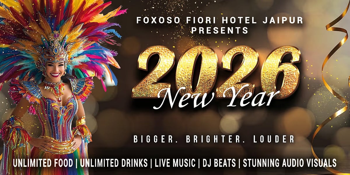 Foxoso Fiori Hotel Jaipur 2026 New Year event poster featuring a dancer and event details.