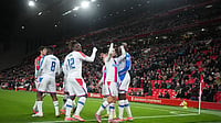Arsenal Vs Crystal Palace LIVE Score, EFL Cup 2025-26 Quarter-Final: Palace Eager To Continue Giant-Killing Spree | Photo: AP/Jon Super : Liverpool vs Crystal Palace: Crystal Palace players celebrate after a goal during the English League Cup fourth round soccer match between Liverpool and Crystal Palace in Liverpool, England.