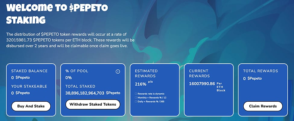 Interface for $PEPETO staking rewards showing 216% APY and pool statistics.