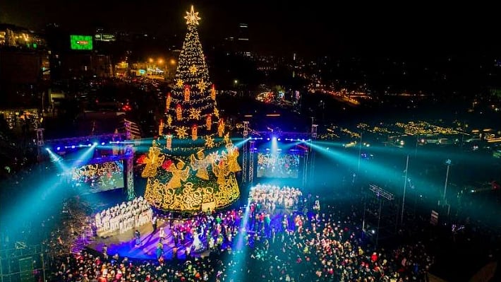 Crowd celebrating around a giant illuminated Christmas tree in Tbilisi 