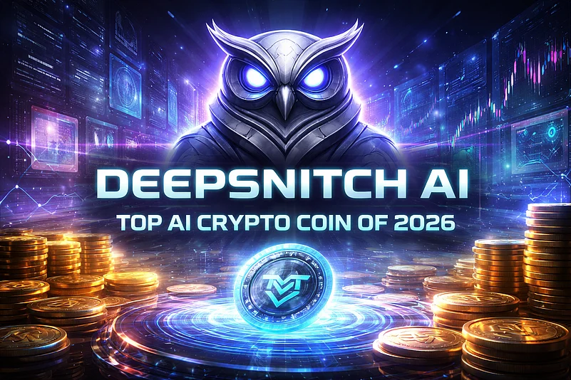 Futuristic owl AI above glowing crypto coins with “DeepSnitch AI” text