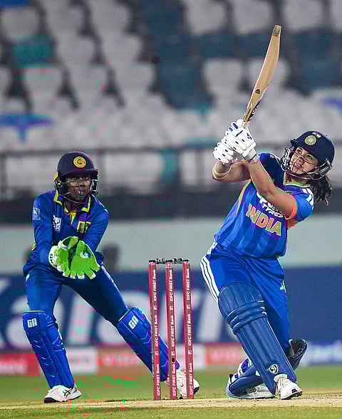 India's Smriti Mandhana plays a shot during the second T20I cricket match between India and Sri Lanka, in Visakhapatnam, Andhra Pradesh.