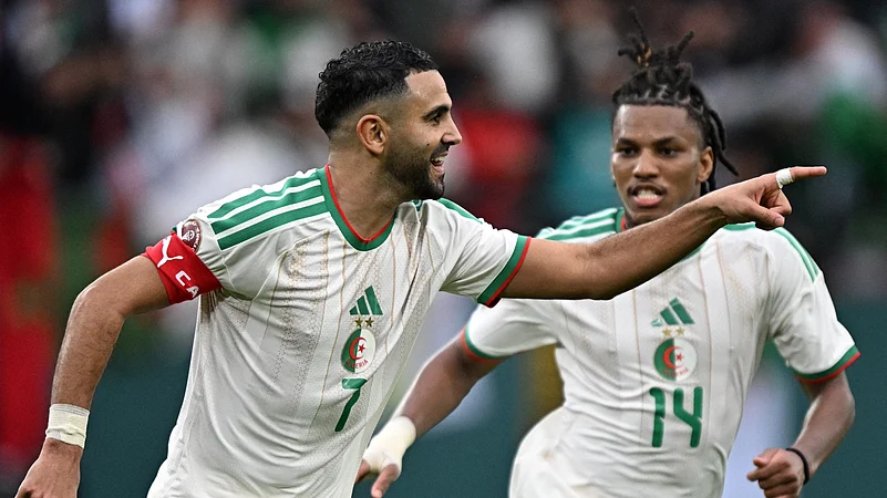 Riyad Mahrez reacts after scoring brace against Sudan