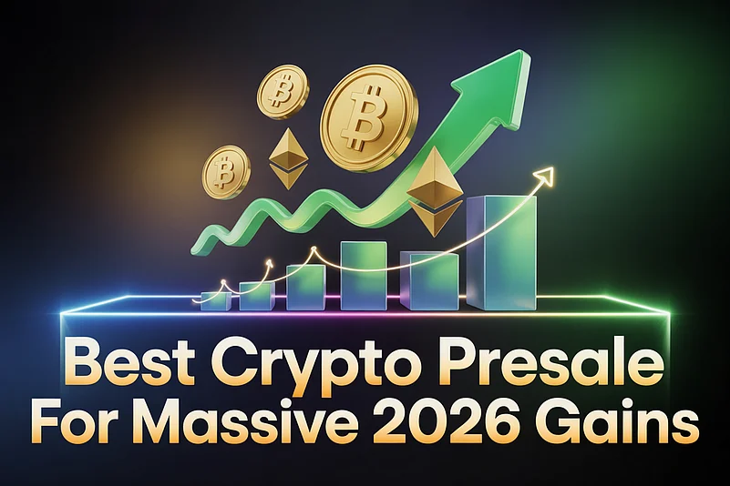Crypto coins and rising chart with text “Best Crypto Presale for Massive 2026 Gains”