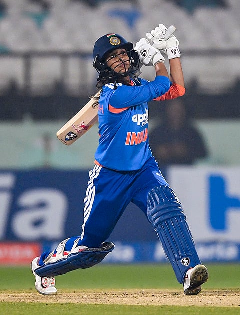 India's Jemimah Rodrigues plays a shot during the second T20I cricket match between India and Sri Lanka, in Visakhapatnam, Andhra Pradesh.