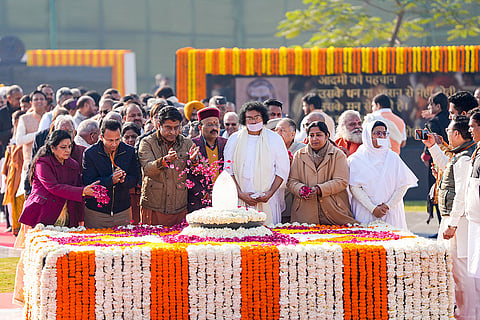 People pay tribute to former prime minister Atal Bihari Vajpayee on his 101st birth anniversary, at 'Sadaiv Atal' in New Delhi.