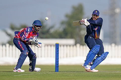 Delhi's Nitish Rana plays a shot during the Vijay Hazare Trophy 2025-26 cricket match between Andhra and Delhi, at BCCI Centre of Excellence Ground, in Bengaluru.