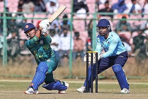 Sikkim's Robin Limboo plays a shot during the Vijay Hazare Trophy 2025-26 cricket match between Mumbai and Sikkim, at Sawai Mansingh Stadium, in Jaipur, Rajasthan.