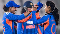 | Photo: PTI : India's Vaishnavi Sharma, right, celebrates with teammate Sneh Rana after taking a wicket during the second T20I cricket match between India and Sri Lanka, in Visakhapatnam, Andhra Pradesh.