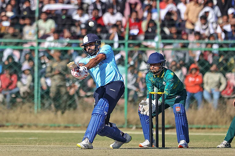 Mumbai's Rohit Sharma plays a shot during the Vijay Hazare Trophy 2025-26 cricket match between Mumbai and Sikkim, at Sawai Mansingh Stadium, in Jaipur. - | Photo: PTI