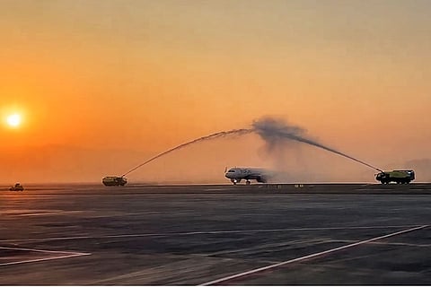 An aircraft accorded a ceremonial water cannon salute as Navi Mumbai International Airport commenced commercial flight operations.