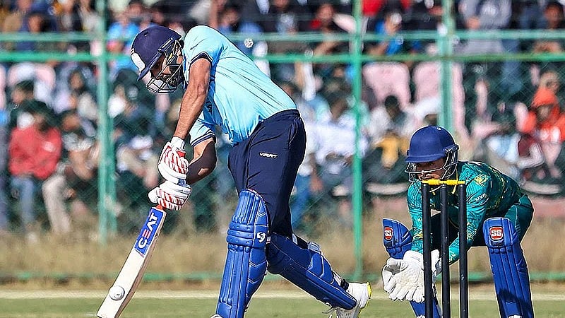 Rohit Sharma plays a shot during the Vijay Hazare Trophy 2025-26 match between Mumbai and Sikkim at Sawai Mansingh Stadium in Jaipur. - Photo: PTI