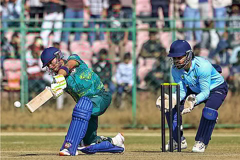 Sikkim's Ashish Thapa plays a shot during the Vijay Hazare Trophy 2025-26 cricket match between Mumbai and Sikkim, at Sawai Mansingh Stadium, in Jaipur.