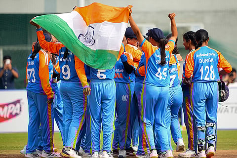 In this image received on Nov. 15, 2025, Indian players celebrate after winning the Cricket for the Blind 2025 Women's T20 World Cup match against USA, in Bengaluru. 