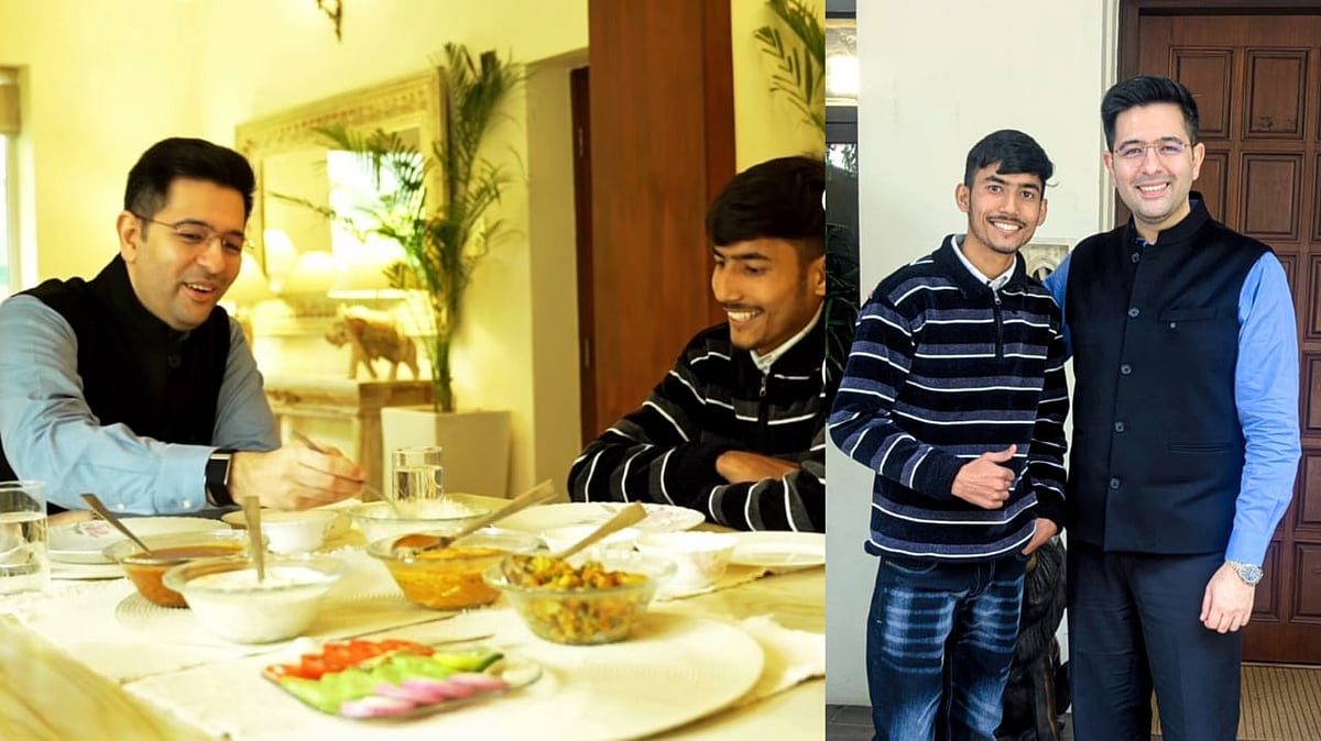 Indian politician Raghav Chadha with a delivery worker - null